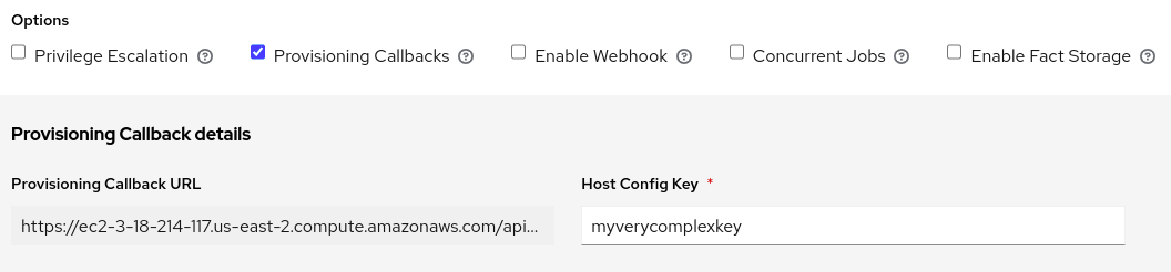 Screenshot of Provisioning Callbacks section